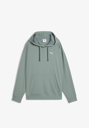 Felpa verde con cappuccio con texture a coste, tasca frontale e logo bianco sul petto. Tessuto in misto cotone, vestibilità casual, maniche lunghe.