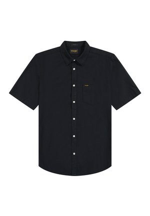Black short-sleeve button-up shirt with collar and front chest pocket featuring a small Wrangler logo tag.