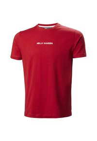 Červené bavlněné tričko s kulatým výstřihem a krátkým rukávem, na přední straně je tištěný nápis "HELly HANSEN" v bílé barvě. Hladká textura, ležérní design.