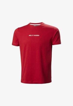 Rode katoenen t-shirt met ronde hals en korte mouwen, met "HELly HANSEN" in witte letters op de voorkant gedrukt. Gladde textuur, casual ontwerp.