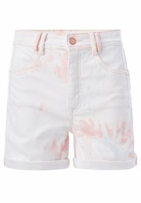 Pantalones cortos de mezclilla blanca con patrones de teñido anudado en rosa claro, dobladillos enrollados y un diseño clásico de cinco bolsillos. Presenta costuras rosas y cierre de botón.