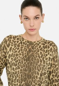 Maglione con stampa leopardata in tonalità di beige e marrone; morbido tessuto a maglia, design a collo rotondo, con una vestibilità ampia e dettagli minimi.