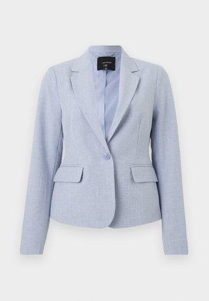 Blazer bleu clair à bouton unique avec revers à encoches, poches à rabat, manches longues et doublure intérieure lisse.