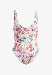 Bañador de una pieza en blanco con un estampado floral que presenta colores rosa, naranja y verde; tejido suave y tirantes anchos.