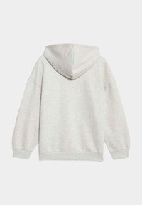 Felpa grigia chiara con cappuccio sagomato, polsini e orlo a costine. Texture morbida, vestibilità ampia e maniche lunghe. Presenta un design minimalista.