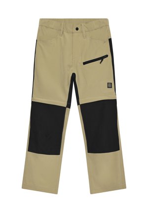 Beige Hose mit schwarzen Kniepatschen, gefertigt aus strapazierfähigem Stoff. Verfügt über eine Fronttasche mit Reißverschluss und ein Markenschild am unteren Bein.