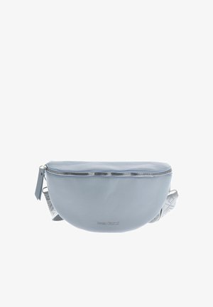 Light blue leather belt bag with a rounded shape, silver zipper, and decorative patterned strap, featuring the brand name embossed on the front.