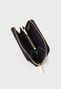 Black leather wallet with gold zipper and accents, featuring multiple card slots, a zippered compartment, and a textured finish.