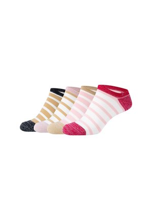 Set aus vier Knöchelsocken in verschiedenen Farben: schwarz, beige mit Streifen, pink mit weißen Streifen und weiß mit pinken und roten Akzenten. Weicher Stoff.