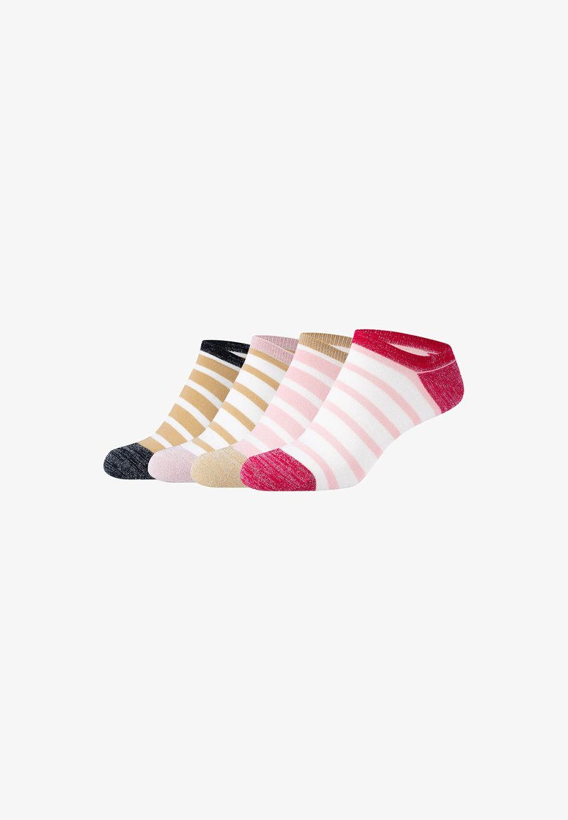 Set di quattro calzini alla caviglia in vari colori: nero, beige a righe, rosa con righe bianche e bianco con accenti rosa e rossi. Texture morbida.