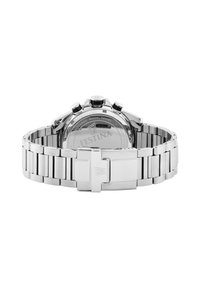 Montre chronographe argentée avec bracelet en acier inoxydable, grand boîtier rond, trois boutons poussoirs et cadran texturé. Modèle F20560.
