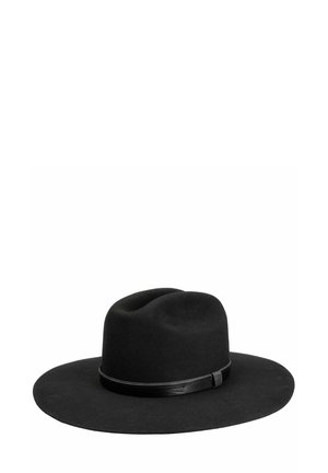 Black wide-brimmed felt hat with a creased crown and a thin black leather band around the base.