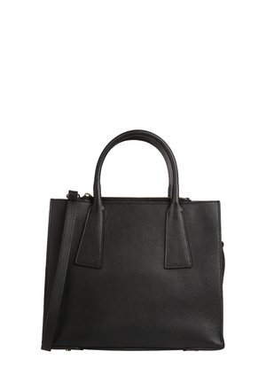 Sac tote en cuir noir avec doubles poignées et une longue bandoulière, doté d'une fermeture éclair et d'une forme rectangulaire structurée.