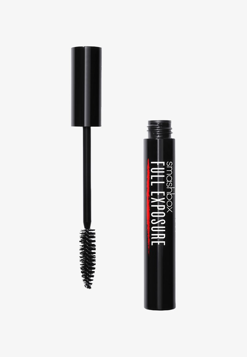 Tube de mascara noir Smashbox Full Exposure avec une brosse à poils denses et un capuchon noir, sur fond blanc.