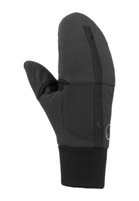 Black fleece mittens with a ribbed cuff. Features a pull tab and button closure, designed for warmth and easy wear. Smooth texture throughout.