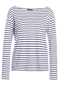 Langärmliges Oberteil aus Baumwolle mit horizontalen marineblauen und weißen Streifen, weiter Bootsausschnitt und kleiner roter Logoakzent am Saum.