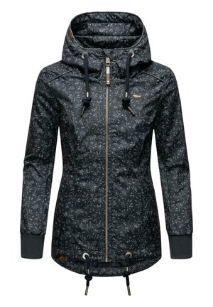 Veste noire à capuche avec fermeture éclair complète à l'avant, cordons ajustables sur la capuche et l'ourlet, et motif floral blanc subtil sur le tissu.