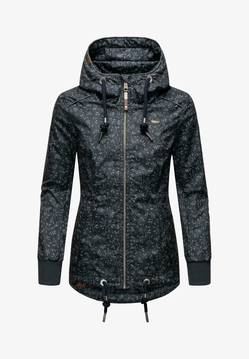 Veste noire à capuche avec fermeture éclair complète à l'avant, cordons ajustables sur la capuche et l'ourlet, et motif floral blanc subtil sur le tissu.