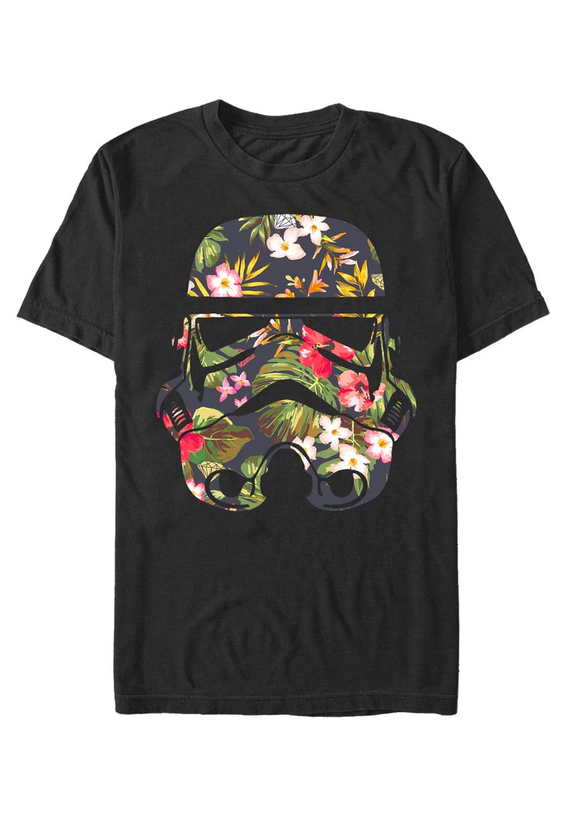 Svart bomull T-shirt med ett design av en stormtrooperhjälm fylld med färgglada tropiska blommor och gröna blad.