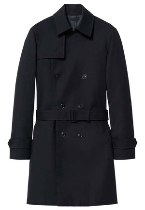 Trench-coat noir croisé avec ceinture, large col, manches longues avec poignets boutonnés et poches latérales.