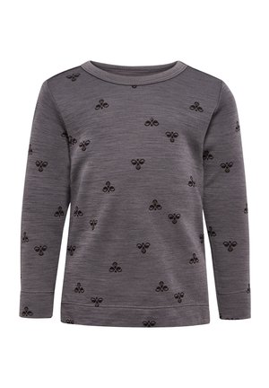 Chemise à manches longues gris foncé avec petits motifs d'abeilles noires répartis uniformément sur le tissu et col rond.