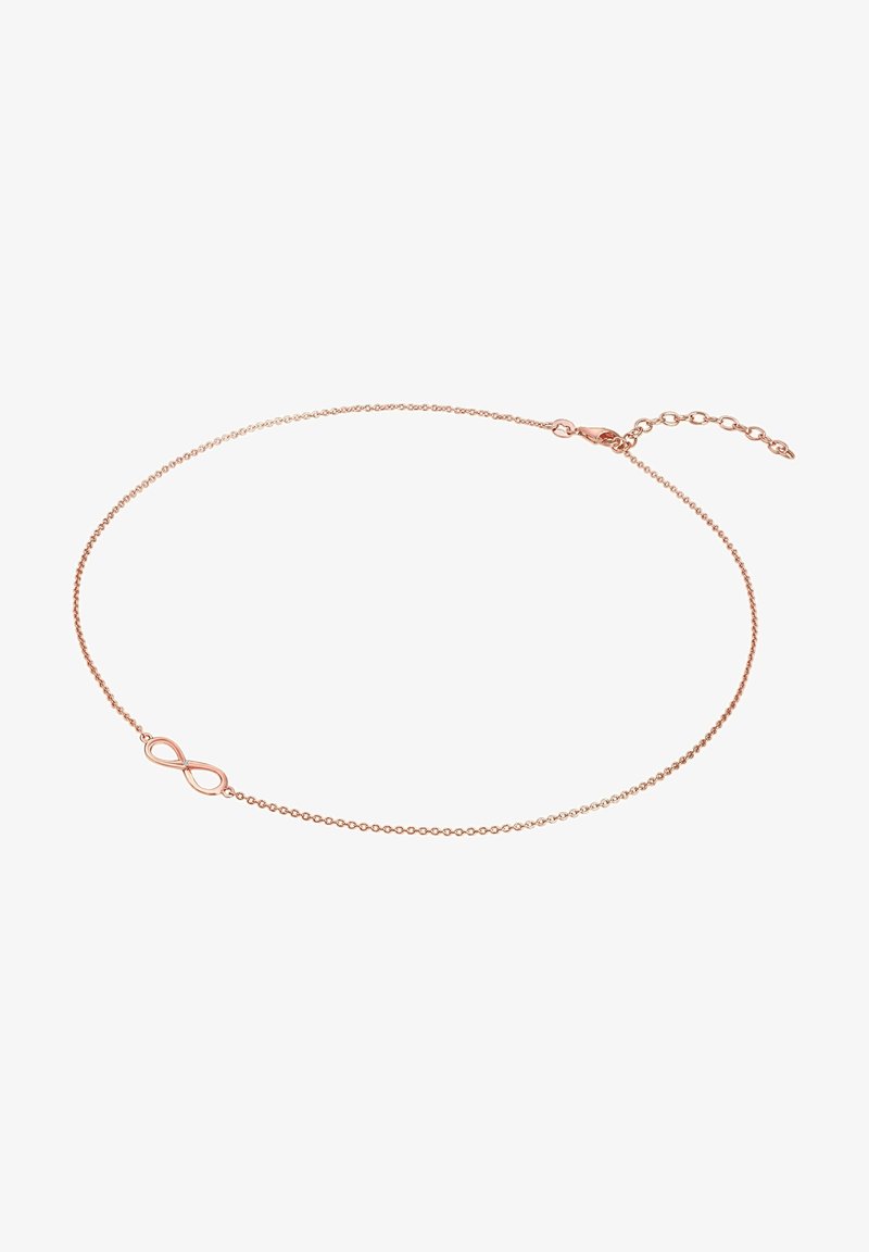 Collar de oro rosa con una delicada cadena y un colgante en forma de símbolo de infinito, con un cierre de langosta y longitud de cadena ajustable.