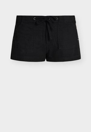 Pantalones cortos de algodón negros con bolsillos parche delanteros y una cinturilla con ojales y cordón ajustable atado.