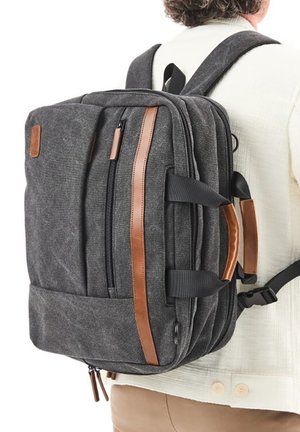 Person wearing dark gray backpack with brown leather accents, multiple zippered compartments, and padded shoulder straps.