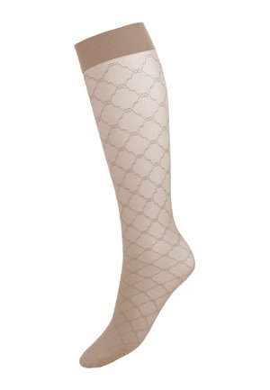 Chaussette de compression beige jusqu'au genou avec texture en losange et bord élastique solide en haut.