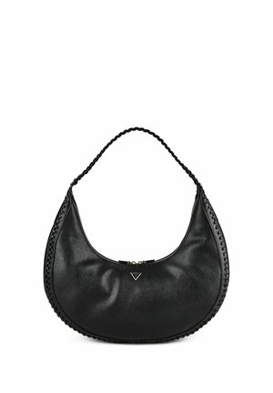 Schwarze Leder-Hobo-Tasche mit geflochtenem Schultergurt und genähten Kanten, mit kleinem dreieckigem Logo in der Mitte vorne.