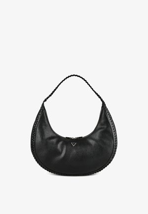 Schwarze Leder-Hobo-Tasche mit geflochtenem Schultergurt und genähten Kanten, mit kleinem dreieckigem Logo in der Mitte vorne.