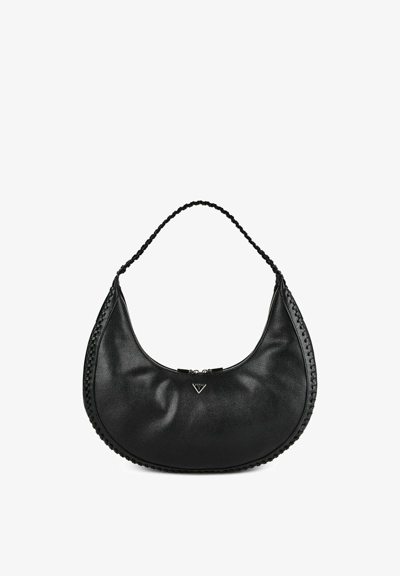 Sac hobo en cuir noir avec une bandoulière tressée et des bords cousus, avec un petit logo triangulaire au centre devant.