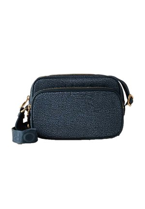 Bolso bandolera compacto azul oscuro con patrón texturizado, dos compartimentos con cremallera y correa ajustable con herrajes en tono dorado.
