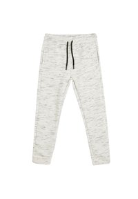 Pantalones de chándal gris claro con un patrón texturizado, cinturilla elástica y cordones negros. Corte ajustado con dos bolsillos laterales.