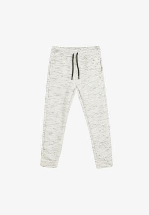 Pantalon de survêtement gris clair avec un motif texturé, taille élastique et cordons noirs. Coupe fuselée avec deux poches latérales.