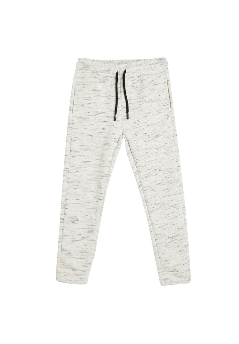 Pantalones de chándal gris claro con un patrón texturizado, cinturilla elástica y cordones negros. Corte ajustado con dos bolsillos laterales.
