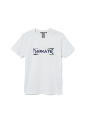 White short-sleeve crew neck T-shirt with "MORATO" in stylized dark blue font centered on the chest.