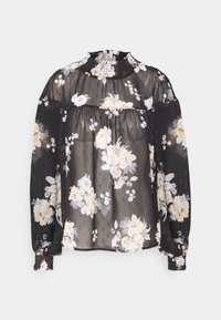 Black, sheer blouse with floral pattern featuring muted roses. Smocked high neck, long sleeves with elastic cuffs, textured fabric with dots.