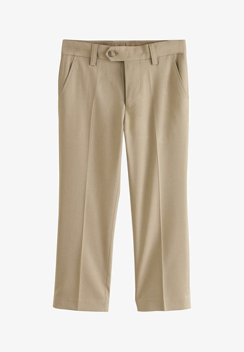 Pantalon beige à jambes droites avec fermeture bouton et zip, passants de ceinture et poches latérales, présenté sur fond blanc.