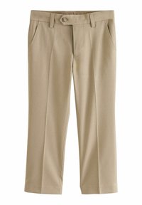 Pantaloni beige a gamba dritta con chiusura a un pulsante, due tasche laterali e una texture liscia; presentano un design curato.