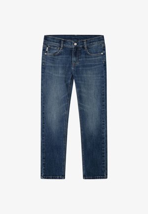 Ciemnoniebieskie dżinsy o prostym kroju, pięć kieszeni i zapięcie na guzik. Widoczne lekkie zatarcia i akcenty przeszycia.