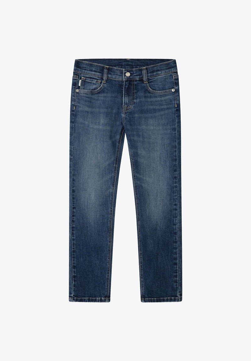 Tmavomodré denningové nohavice so strihom po celé dĺžke, piatimi vreckami a zapínaním na gombík. Je viditeľné mierne vyblednutie a akcenty šitia.