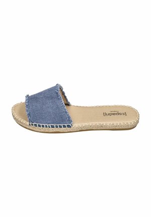Blue fabric slide sandal with frayed edges, jute midsole, and beige insole. Stitched detailing along the edges. Flat sole.