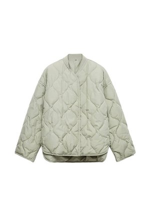Veste matelassée vert clair avec un col rond, fermeture sur le devant, coupe oversize et motifs en forme de diamant sur le tissu.