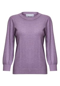 Lila stickad tröja med långa puffärmar och ribbade muddar. Rund halsringning och strukturerad tyg, med ett subtilt melerat mönster.