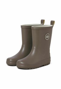 Bottes de pluie en caoutchouc marron avec un revers texturé, détail de logo et deux tirettes pour un enfilage facile. Semelles épaisses avec un motif pour une meilleure adhérence.