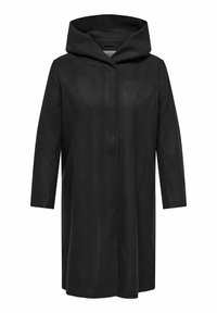 Manteau noir avec capuche, disposant de longues manches et d'une silhouette droite. Fabriqué en tissu texturé, il possède une fermeture frontale cachée.