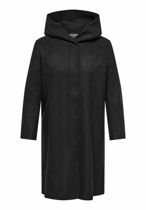 Black coat with a hood, featuring long sleeves and a straight silhouette. Made from textured fabric, it has a hidden front closure.