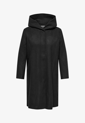 Black coat with a hood, featuring long sleeves and a straight silhouette. Made from textured fabric, it has a hidden front closure.