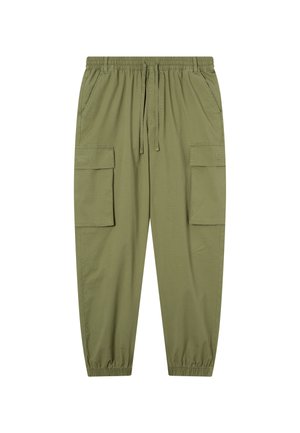 Olivgrüne Cargo-Hose mit elastischem Bund, verstellbarem Kordelzug und zwei großen Seitentaschen. Glatter, leichter Stoff.